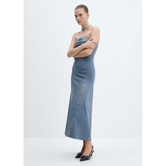 Mango Strapless Denim Maxi Dress 4 / Small 90s Y2K Minimalism‎ - Picture 1 of 11